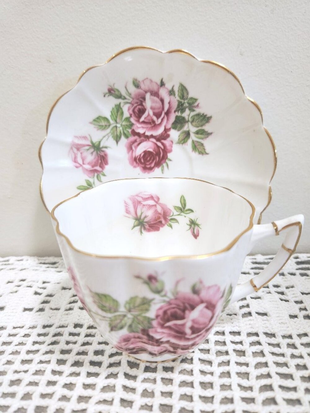 Victoria Tea Cup and Saucer Scallop Edge Pink Floral